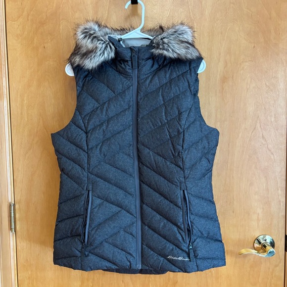 Eddie Bauer Women's Down Vest Faux Fur Hooded Puffer Padded Gray Medium - Picture 1 of 8